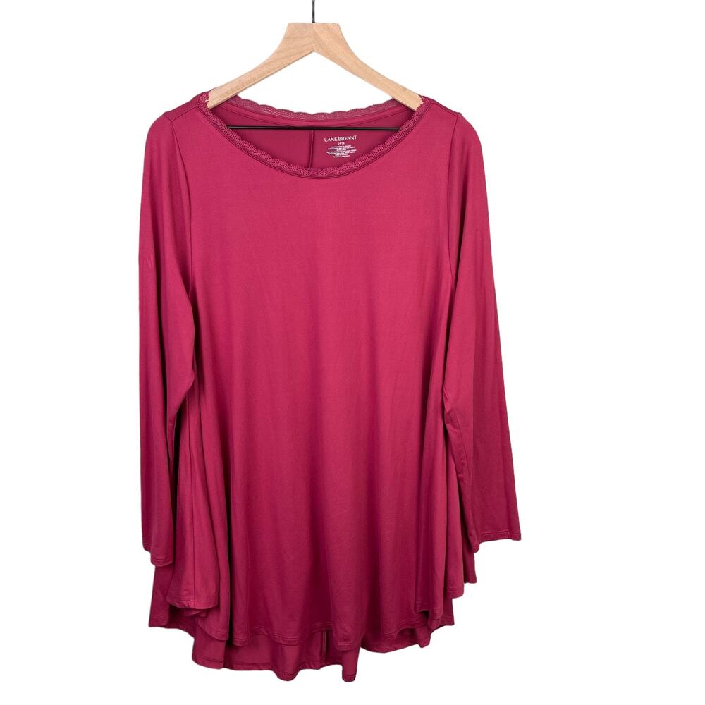 Lane Bryant Blouse Size 14/16 Pink Lace Crewneck Loose Fit Round Hem Stretchy